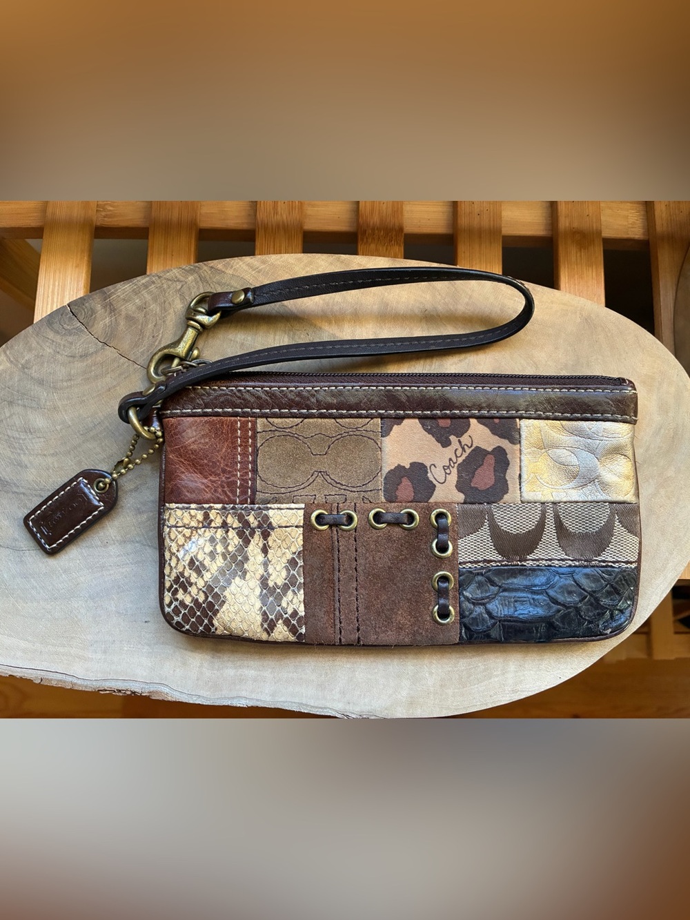 Vintage Coach Y2K Patchwork Wristlet Signature C Leopard Snake Leather Rare